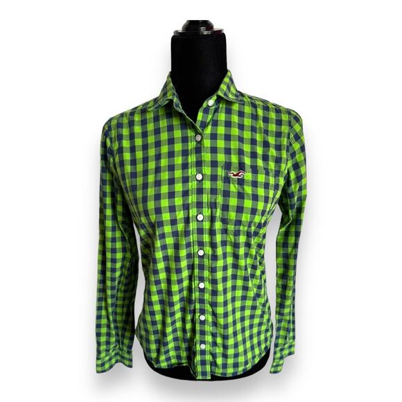 Hollister Womens Blouse Sz M Lime Green Blue Check Long Sleeve Button Up Cotton - Picture 4 of 9